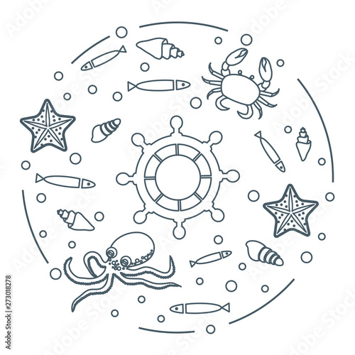 Wheel, fish, seashells, starfish, crab, octopus.