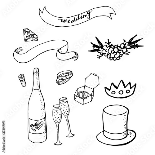 set of wedding clipart with blue cylinder hat, ribbons, rings, diadem, sparkling wine bottle, wedding ring box