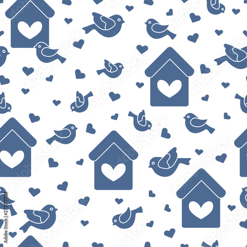 Seamless pattern with birds, birdhouses and hearts