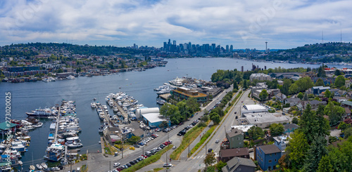 Seattle Aerial View of Lake Union Ship Docks Gas Works Downtown Skyline Wallingford photo