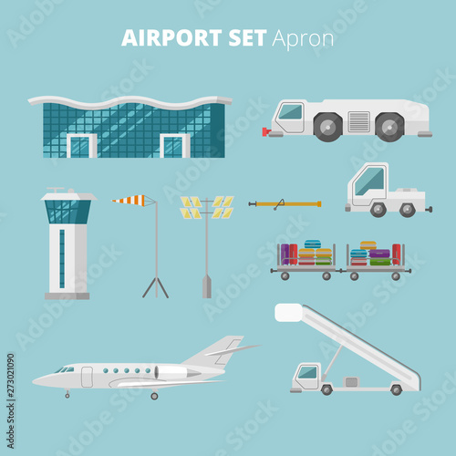 Airport equipment flat vector illustration set. Apron machinery icons.
