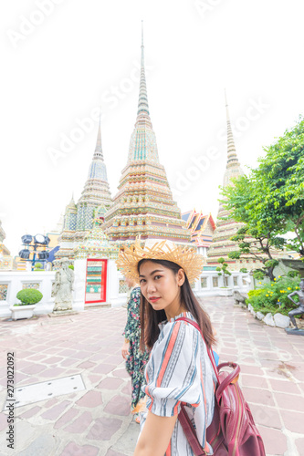 Beautiful asian tourist backpack women travel in buddhist temple sightseeing of Bangkok © themorningglory