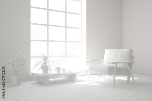 Mock up of stylish room in white color with armchair. Scandinavian interior design. 3D illustration