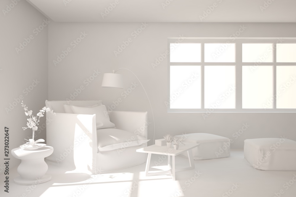 Mock up of stylish room in white color with armchair. Scandinavian interior design. 3D illustration Mock up of stylish room in white color with armchair. Scandinavian interior design. 3D illustration