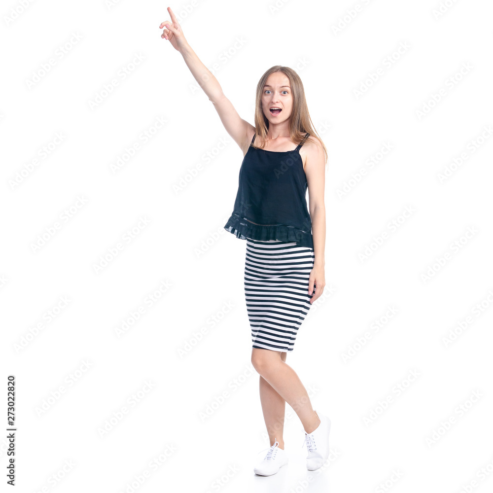 Woman in skirt showing pointing on white background isolation Woman in skirt showing pointing on white background isolation