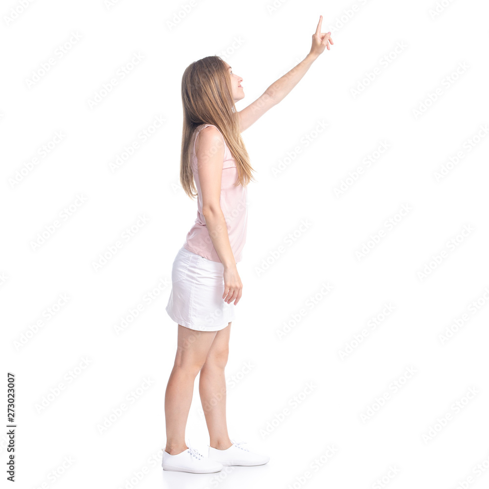 Woman in skirt showing pointing on white background isolation, back view Woman in skirt showing pointing on white background isolation, back view