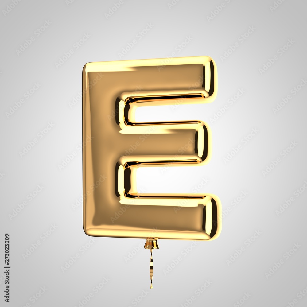 Shiny metallic gold balloon letter E uppercase isolated on white background Shiny metallic gold balloon letter E uppercase isolated on white background