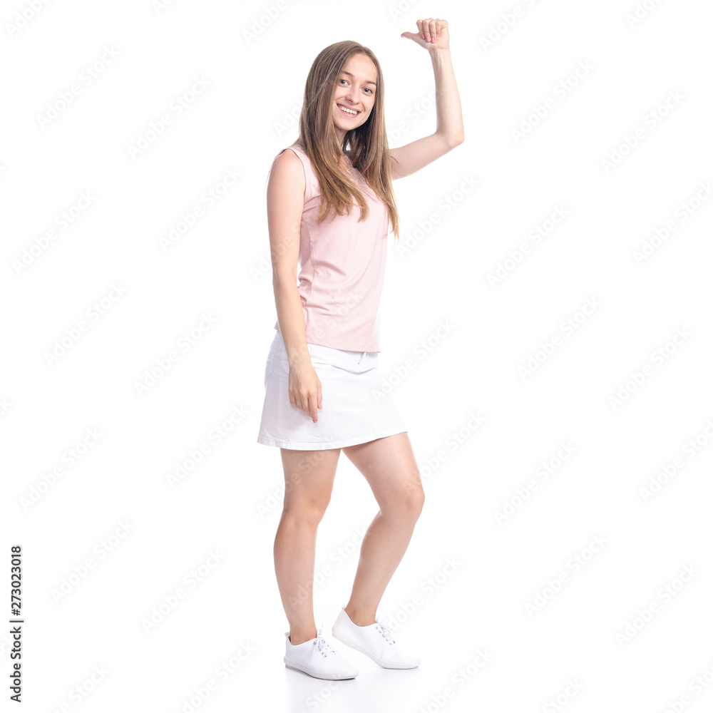 Fototapeta premium Woman in skirt showing pointing on white background isolation