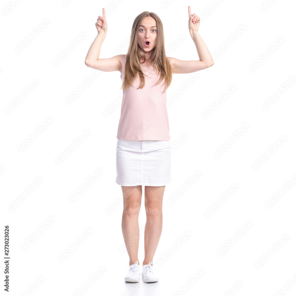 Woman in skirt showing pointing on white background isolation Woman in skirt showing pointing on white background isolation