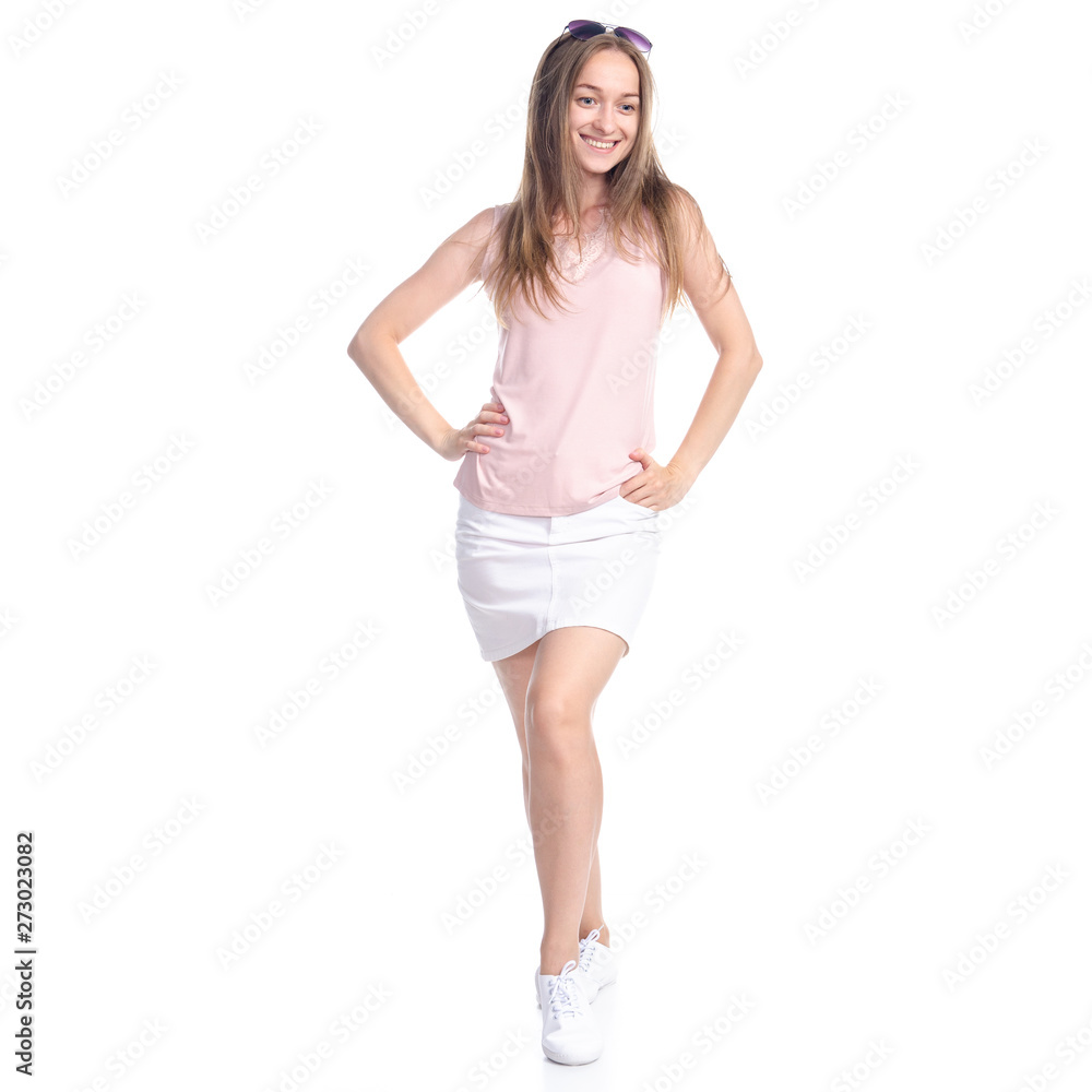 Woman in skirt with sunglasses goes walking smiling happiness on white background isolation Woman in skirt with sunglasses goes walking smiling happiness on white background isolation