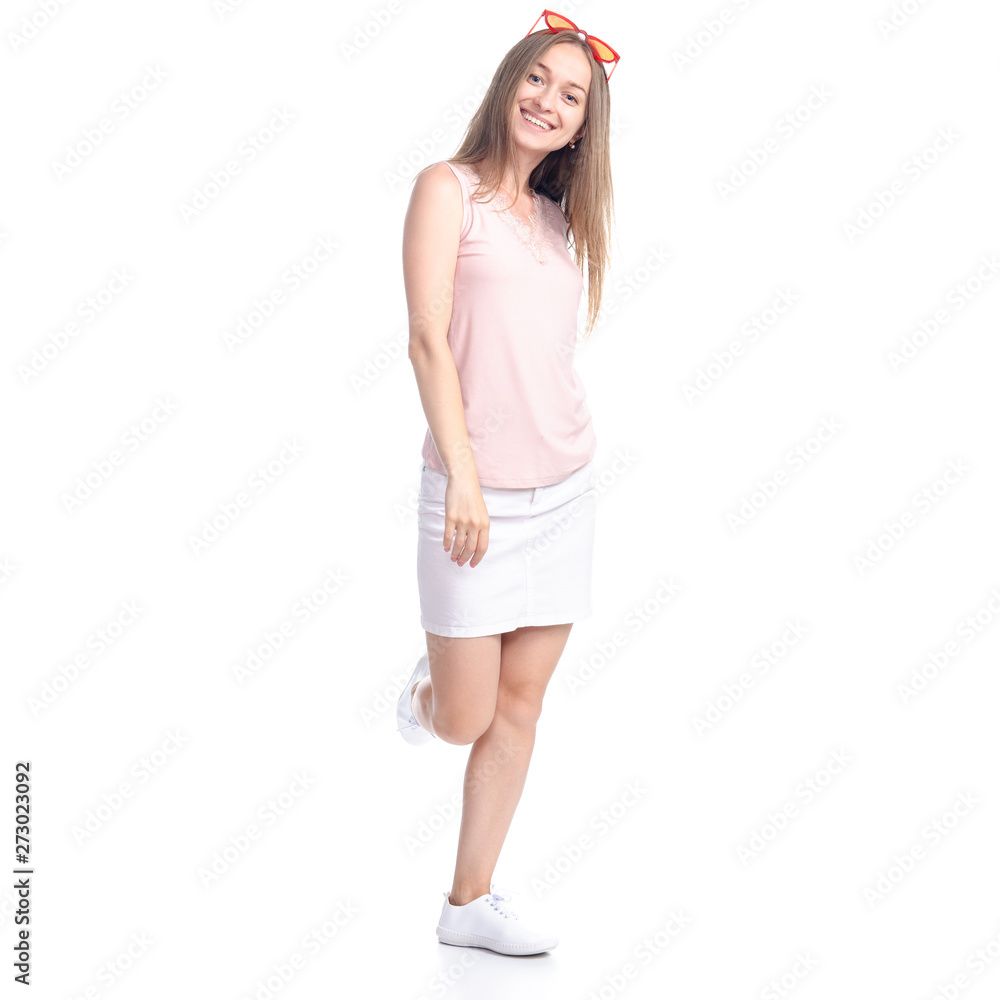 Woman in skirt with sunglasses goes walking smiling happiness on white background isolation Woman in skirt with sunglasses goes walking smiling happiness on white background isolation