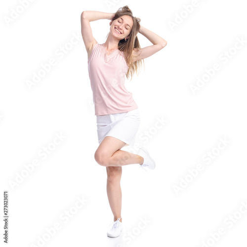 Woman in skirt goes walking smiling happiness on white background isolation