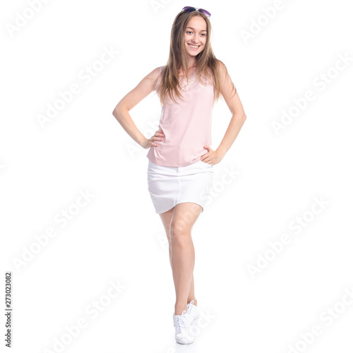 Woman in skirt with sunglasses goes walking smiling happiness on white background isolation