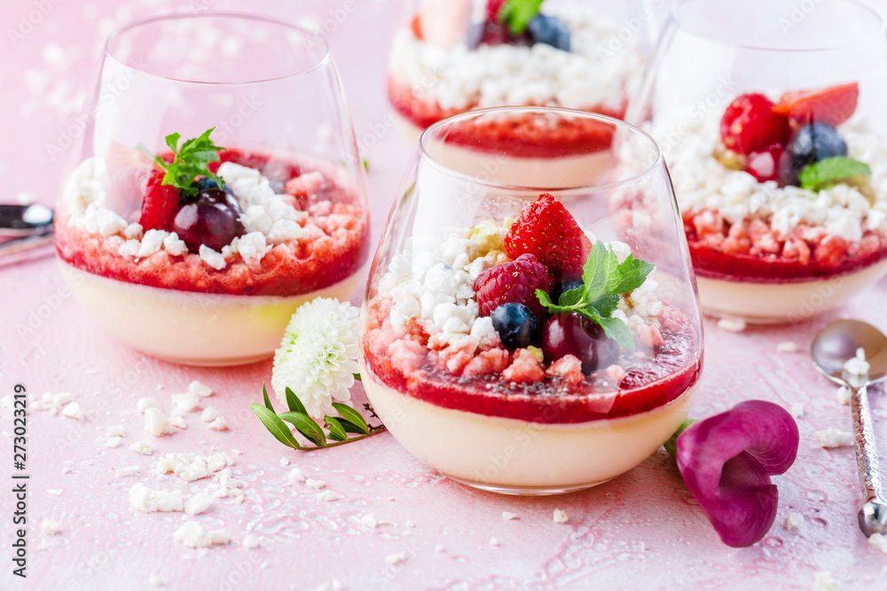 Panna Cotta mit Beerensauce, Himbeeren und frischer Minze. Panna Cotta mit Beerensauce, Himbeeren und frischer Minze.