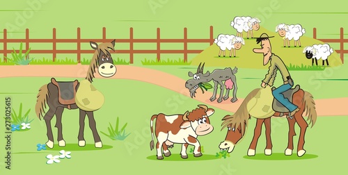 Farm life, cowboy riding, calf, goat and sheep.