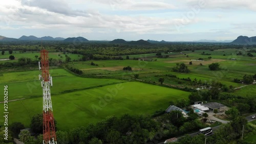 aerial view , communications tower on the Countryside , asia , 5G ,