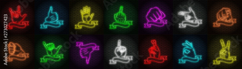 A set of fourteen variations of multicolored neon signs on a brick wall background. Different hand gestures. With ribbon for text