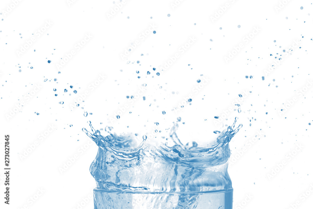 Top of transparent glass and blue water splash isolated on white background.