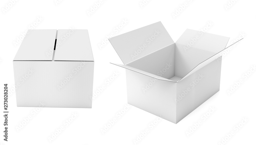 Closed and open white corrugated carton box. Big shipping packaging. 3d rendering illustration isolated Closed and open white corrugated carton box. Big shipping packaging. 3d rendering illustration isolated
