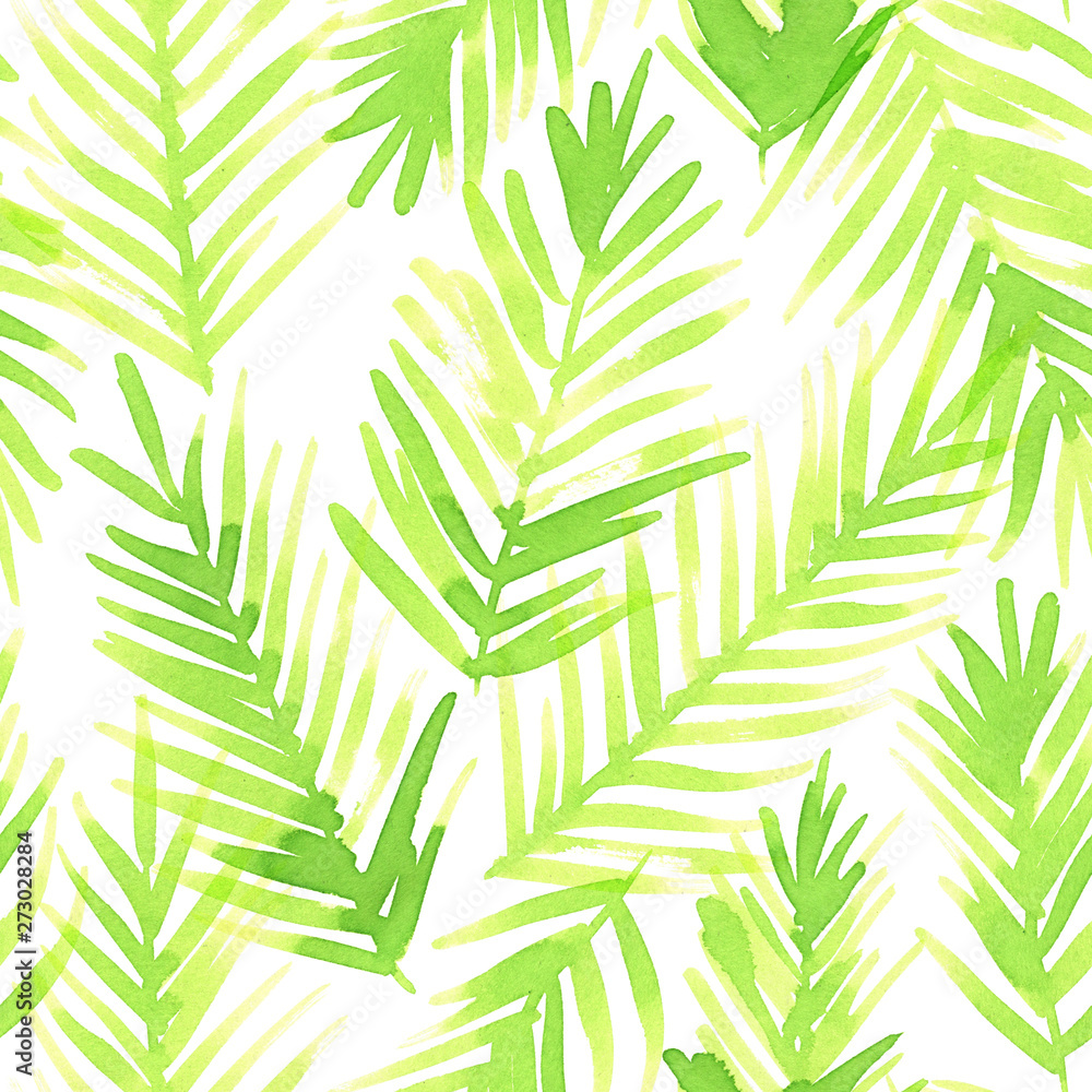 Fototapeta premium Tropical hand painted watercolour pattern. Seamless ornament for creative design of posters, cards, banners, invitations, cloths, prints and wallpapers. Paper texture.