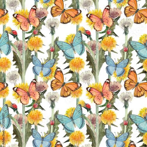 vintage seamless texture with flowers of dandelions and butterflies. watercolor painting