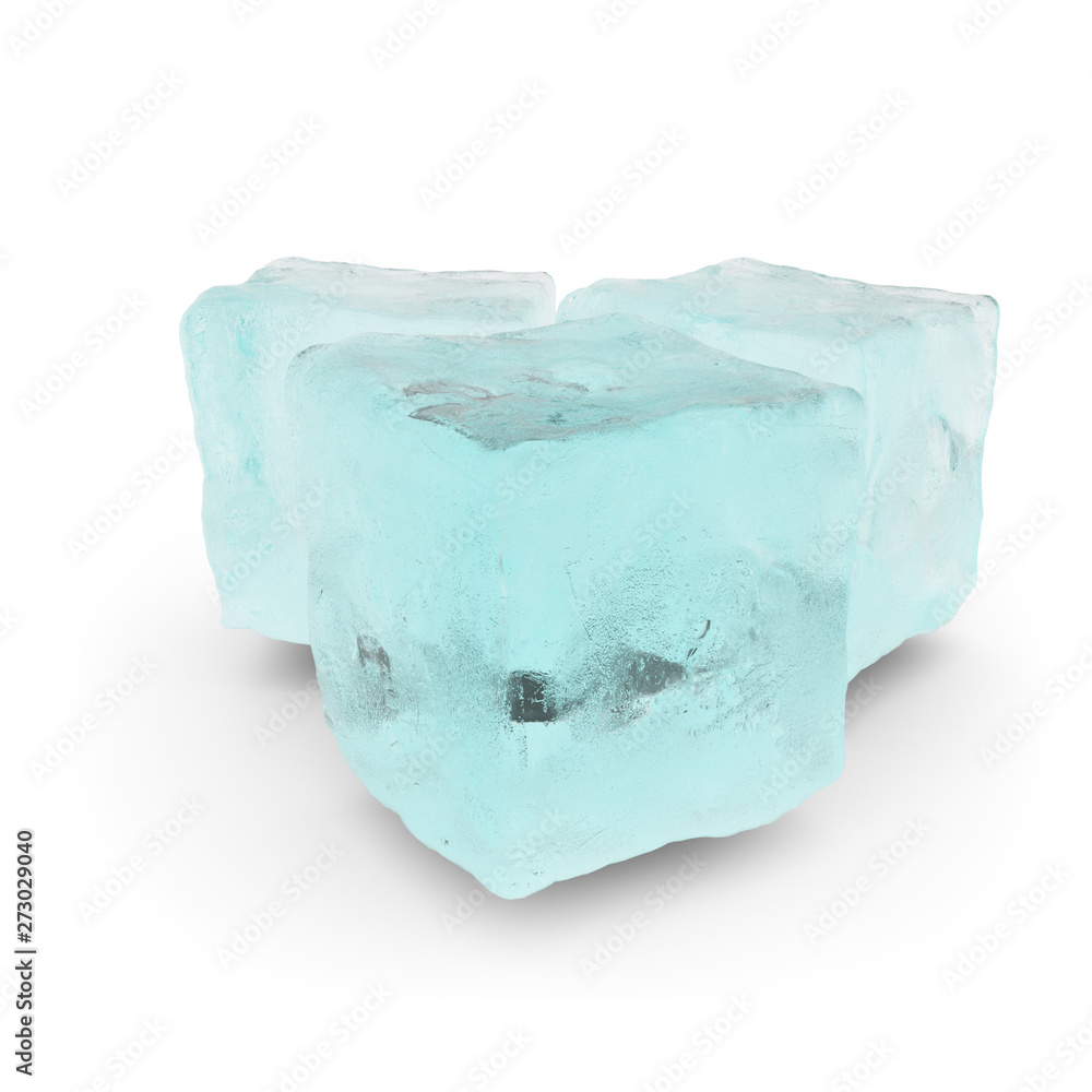 Pile of 3 blue ice cubes isolated on a white table Pile of 3 blue ice cubes isolated on a white table