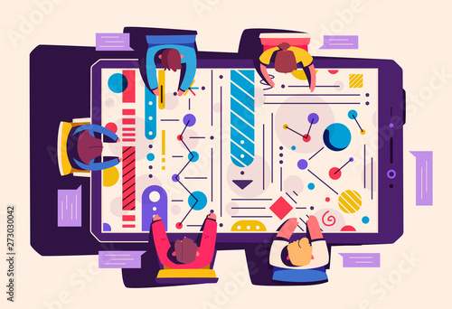 Teamwork at the smartphone desk. Coworking concept. Cartoon vector illustration