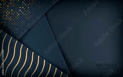 Dark abstract background with black overlap layers. Realistic golden texture and golden glitters dots element decoration.