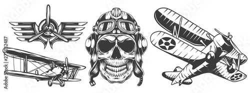 Isolated illustrations set of airplane, propeller, wings and pilot skull. Black and white illustration.