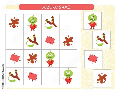 Sudoku for kids. Kids activity sheet. Training logic, educational game. Sudoku game with funny monsters.