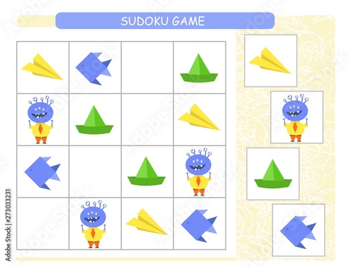 Sudoku for kids. Kids activity sheet. Training logic, educational game. Sudoku game with funny monsters.