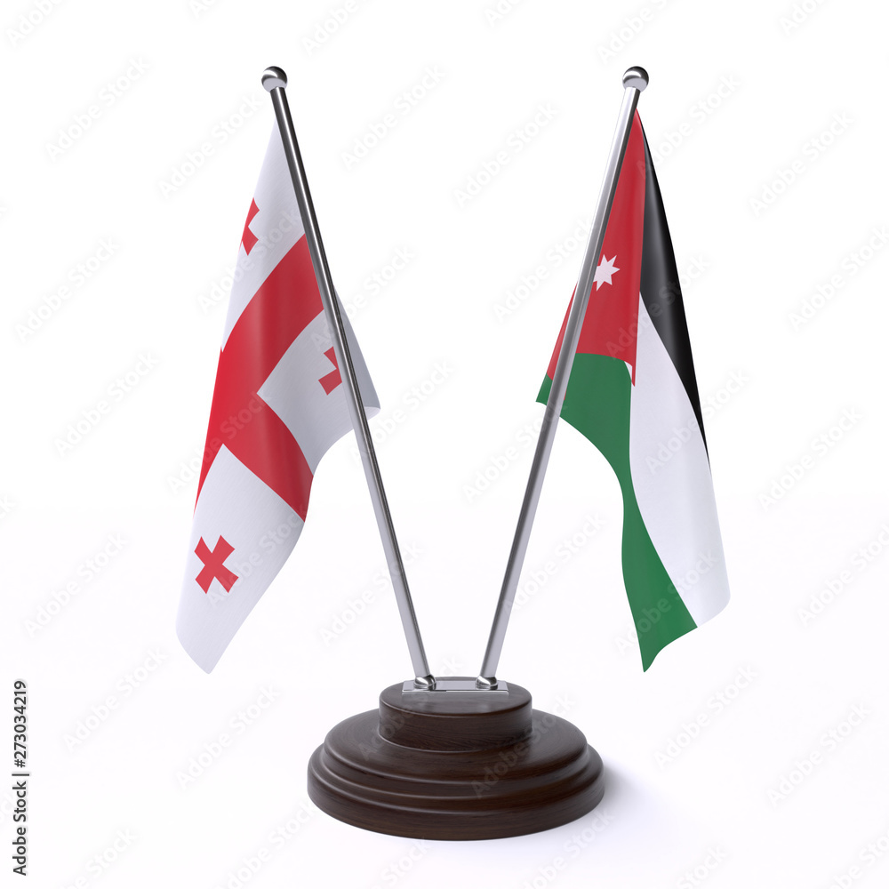 Georgia and Jordan, two table flags isolated on white background. 3d image