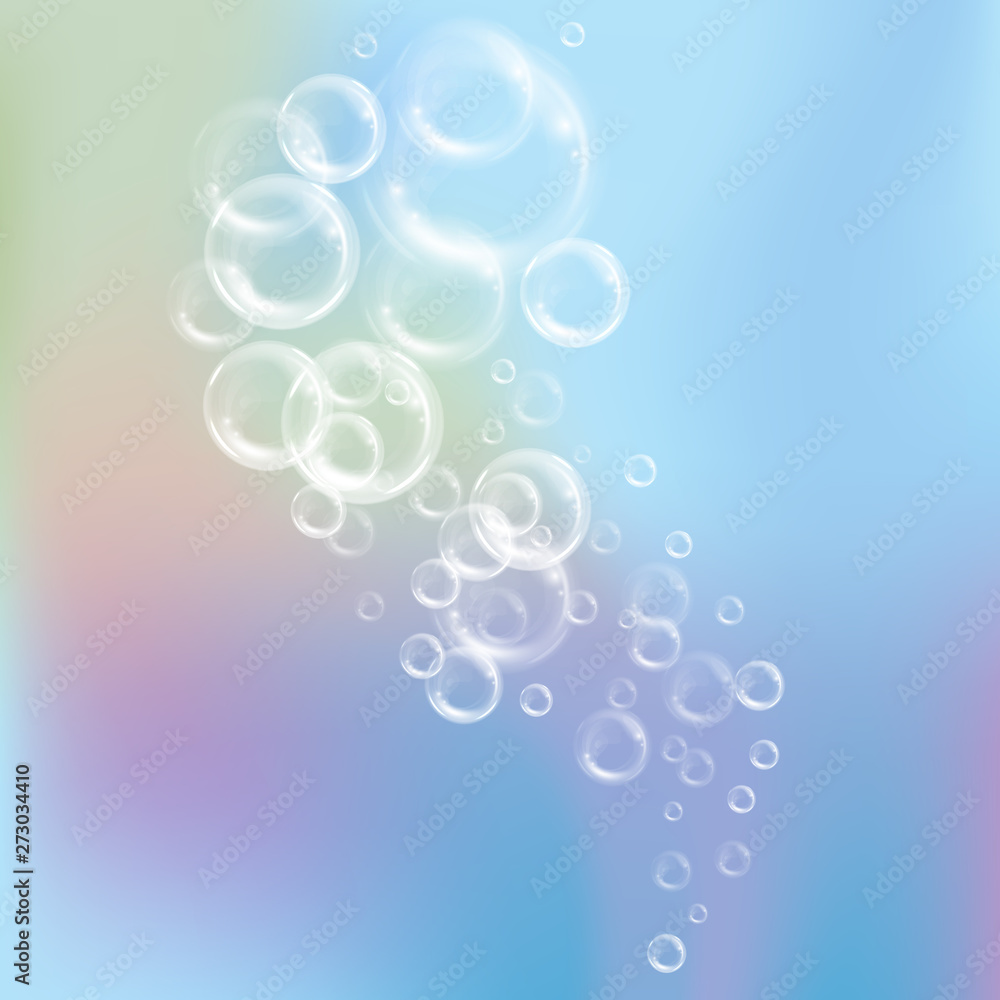 Realistic transparent floating soap bubbles. Design element for advertising booklet, flyer or poster