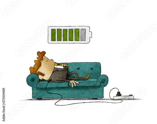 Illustration of a businessman on the sofa is connected to the power grid while recharging energy. Recharge concept. isolated