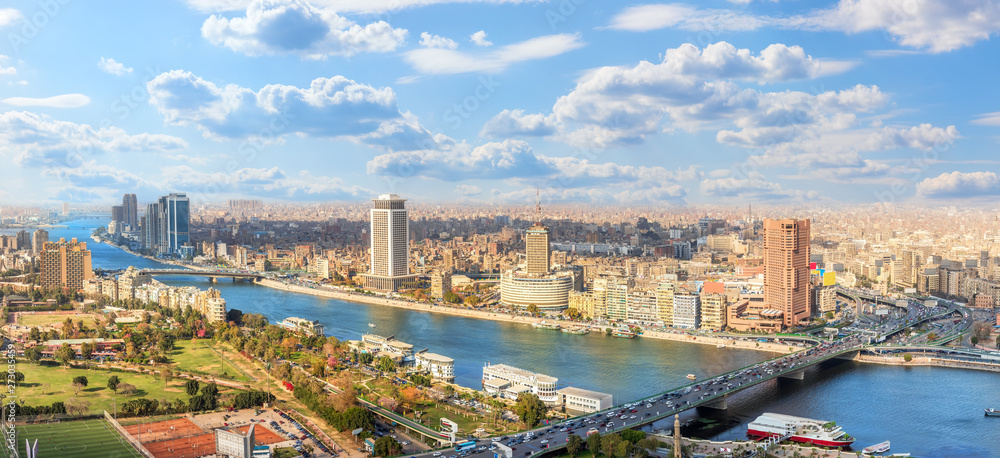 Cairo downtown panorama, view on the Nile and bridges