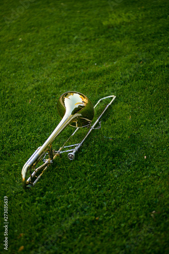 A trombone lies on the grass before an open air concert photo