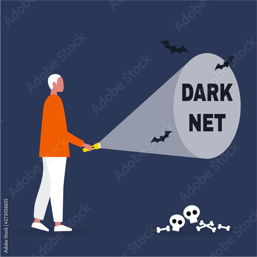 Young male character exploring the darknet