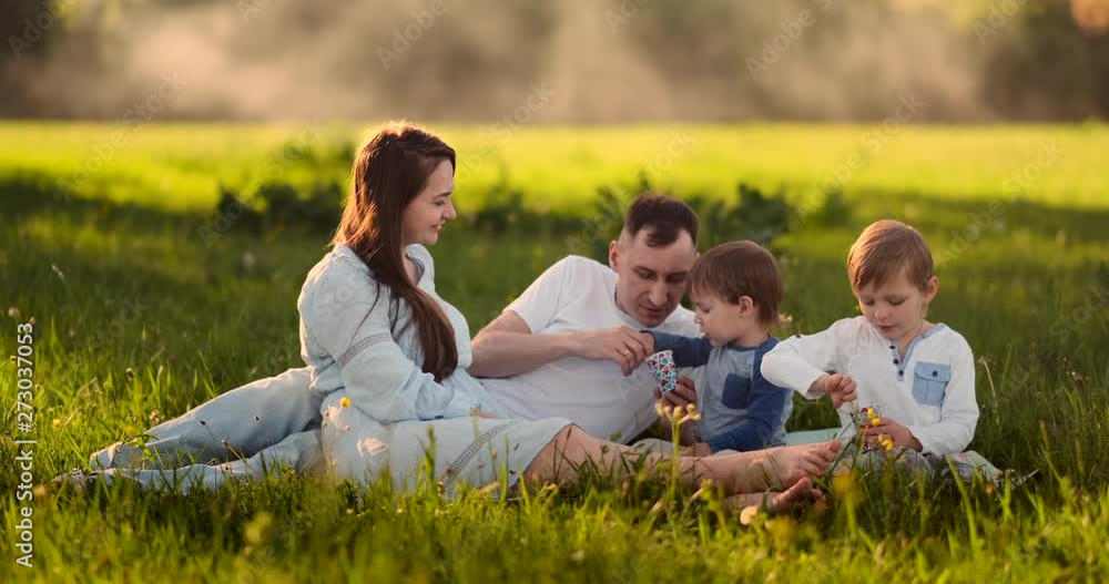 Father mother and two children and sitting in a meadow at sunset eating ice cream in the summer on a picnic Father mother and two children and sitting in a meadow at sunset eating ice cream in the summer on a picnic