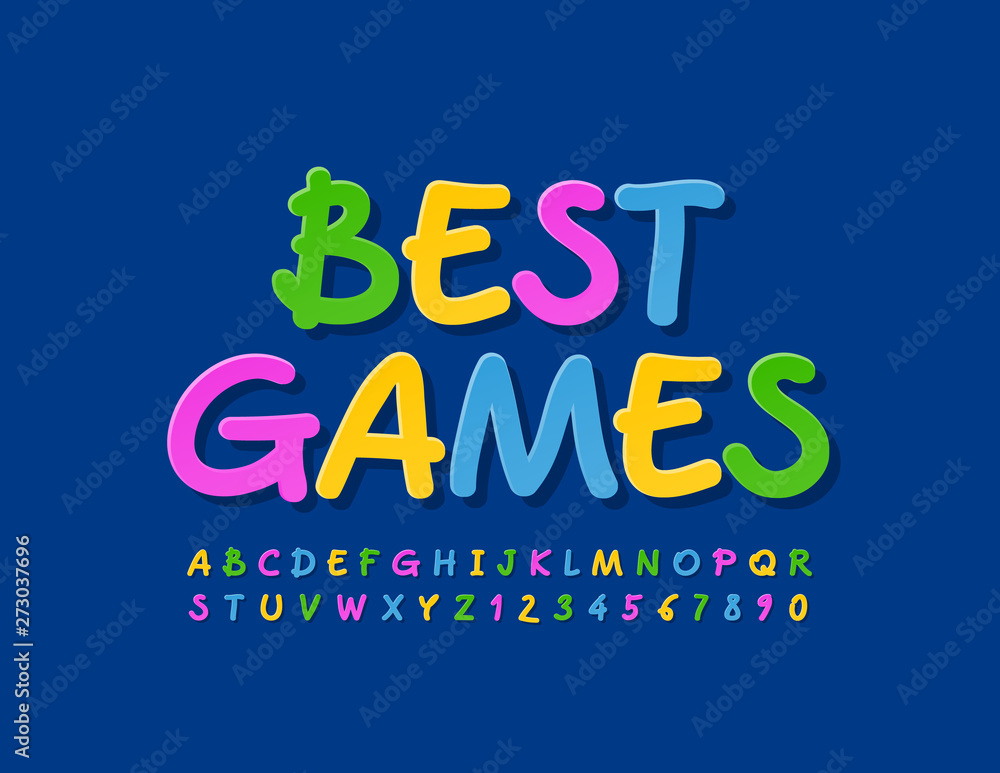 Vector bright poster Best Games. Creative colorful Font. Set of Uppercase Alphabet Letters and Numbers