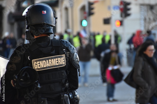 Helmeted gendarme photographed from behind during a protest photo