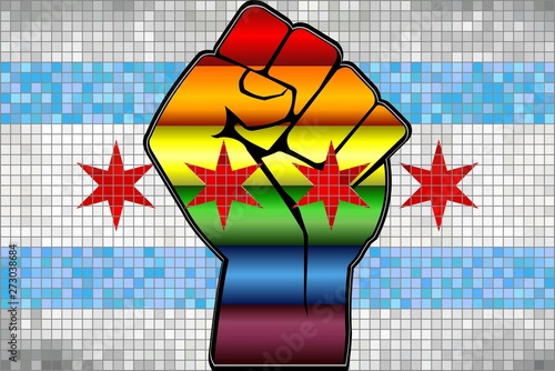 Shiny LGBT Protest Fist on a Chicago Flag - Illustration,  Abstract Mosaic Chicago and Gay flags