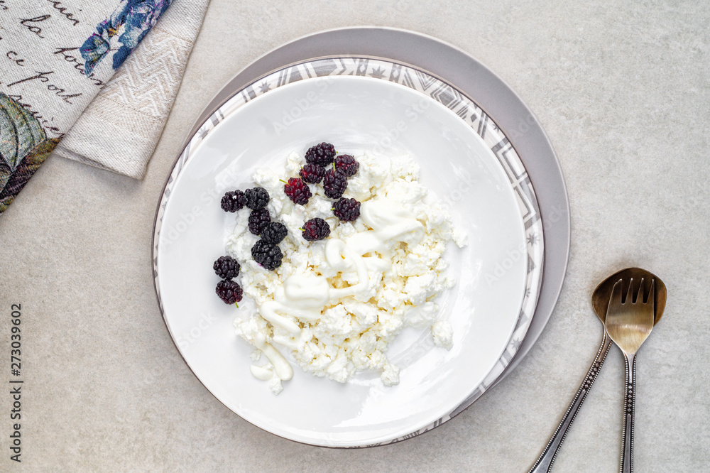 Fototapeta premium Black mulberry with cottage cheese and sour cream