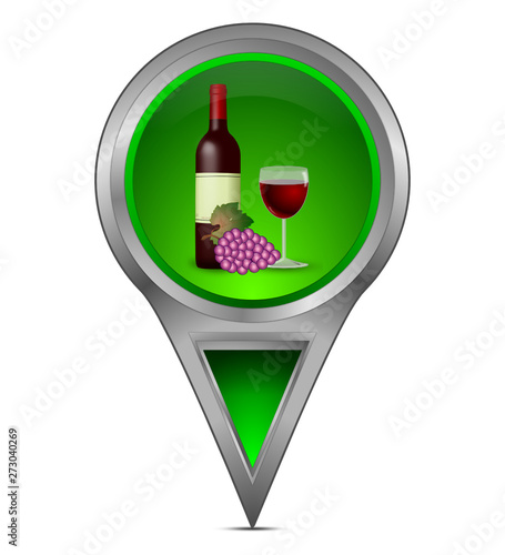 Map pointer with wine bottle, a glass of wine and grapes - illustration