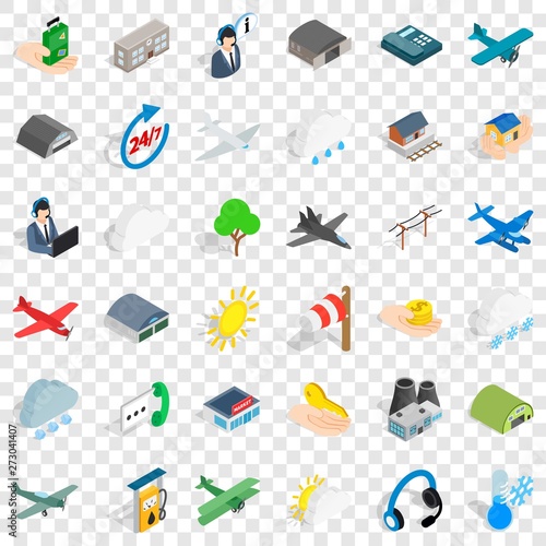 Aviation icons set. Isometric style of 36 aviation vector icons for web for any design