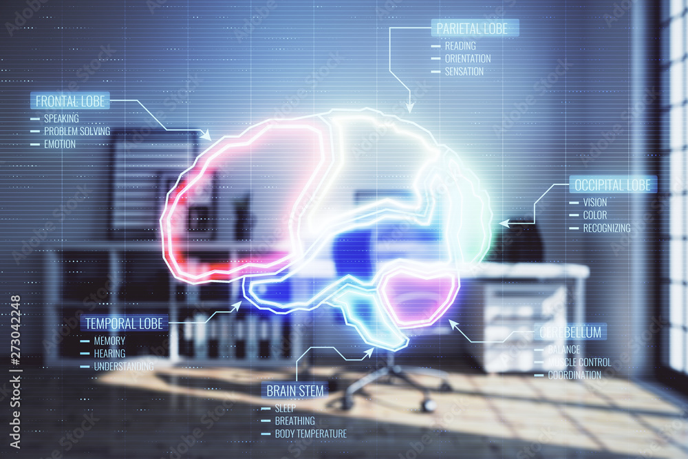 Obraz premium Brain sign hologram with minimalistic cabinet interior background. Double exposure. Study concept.