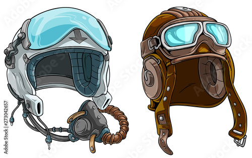 Cartoon colorful modern and retro aviator pilot protective helmet with open glass visor and air mask. Isolated on white background. Vector icon set.