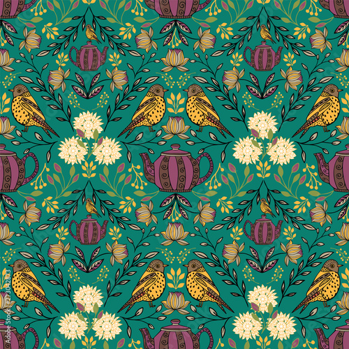 Vector symmetrical floral seamless pattern with folk art motifs