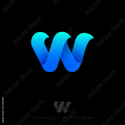 W logo Consist of  Three Waves. W Origami Monogram. Symbol of Sea and Waves. Network, Web Icon. Ui Design. 