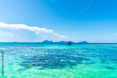 Tropical background turquoise sea and blue sky