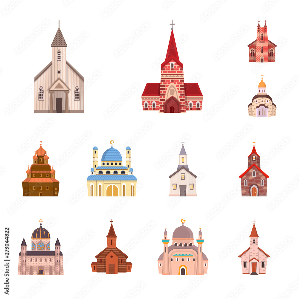 Vector illustration of religion and building sign. Collection of religion and faith stock symbol for web. Vector illustration of religion and building sign. Collection of religion and faith stock symbol for web.